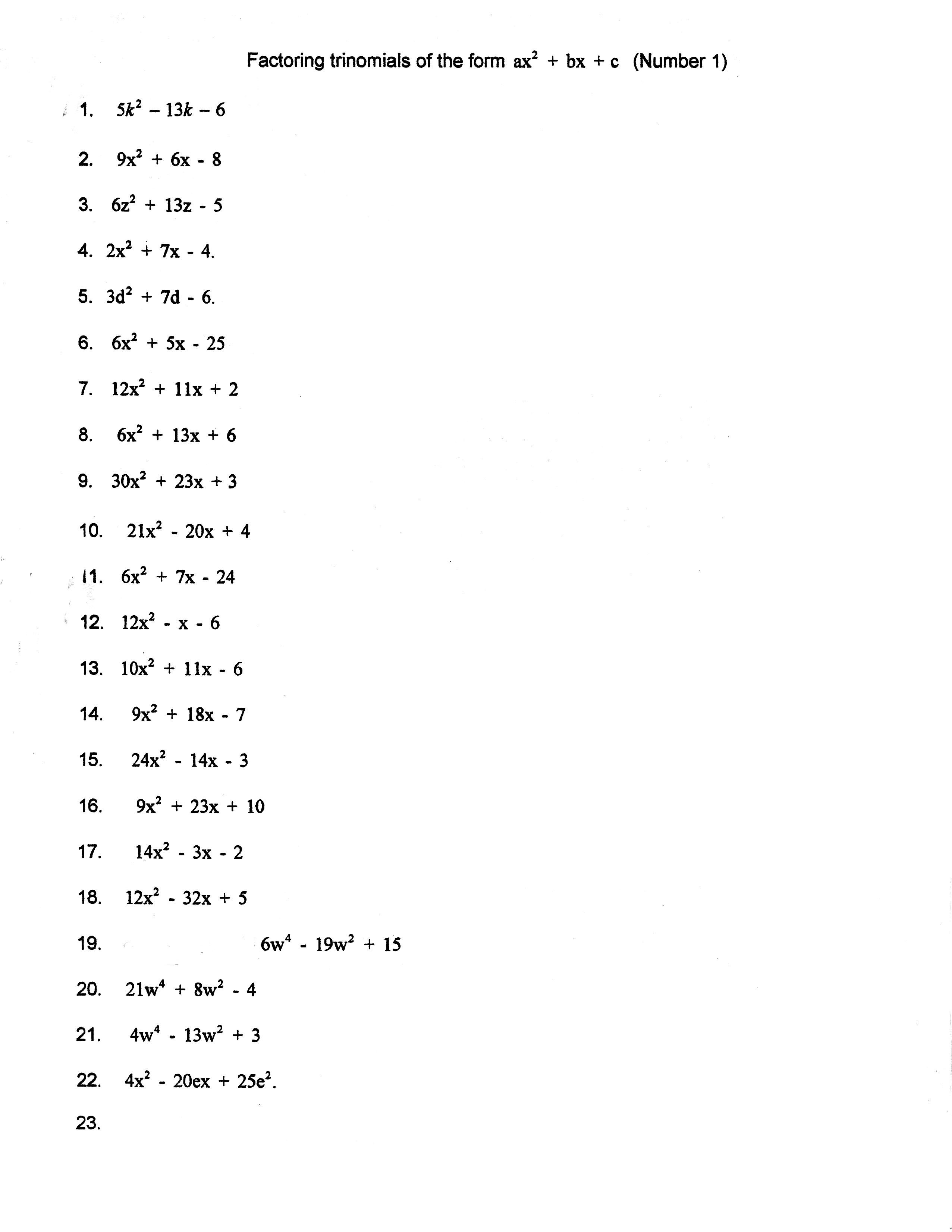 worksheet-on-factoring-quadratic-trinomials