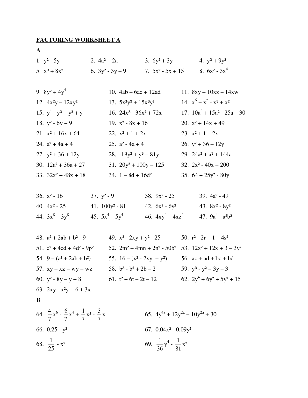 Factoring Quadratic Trinomials Worksheet