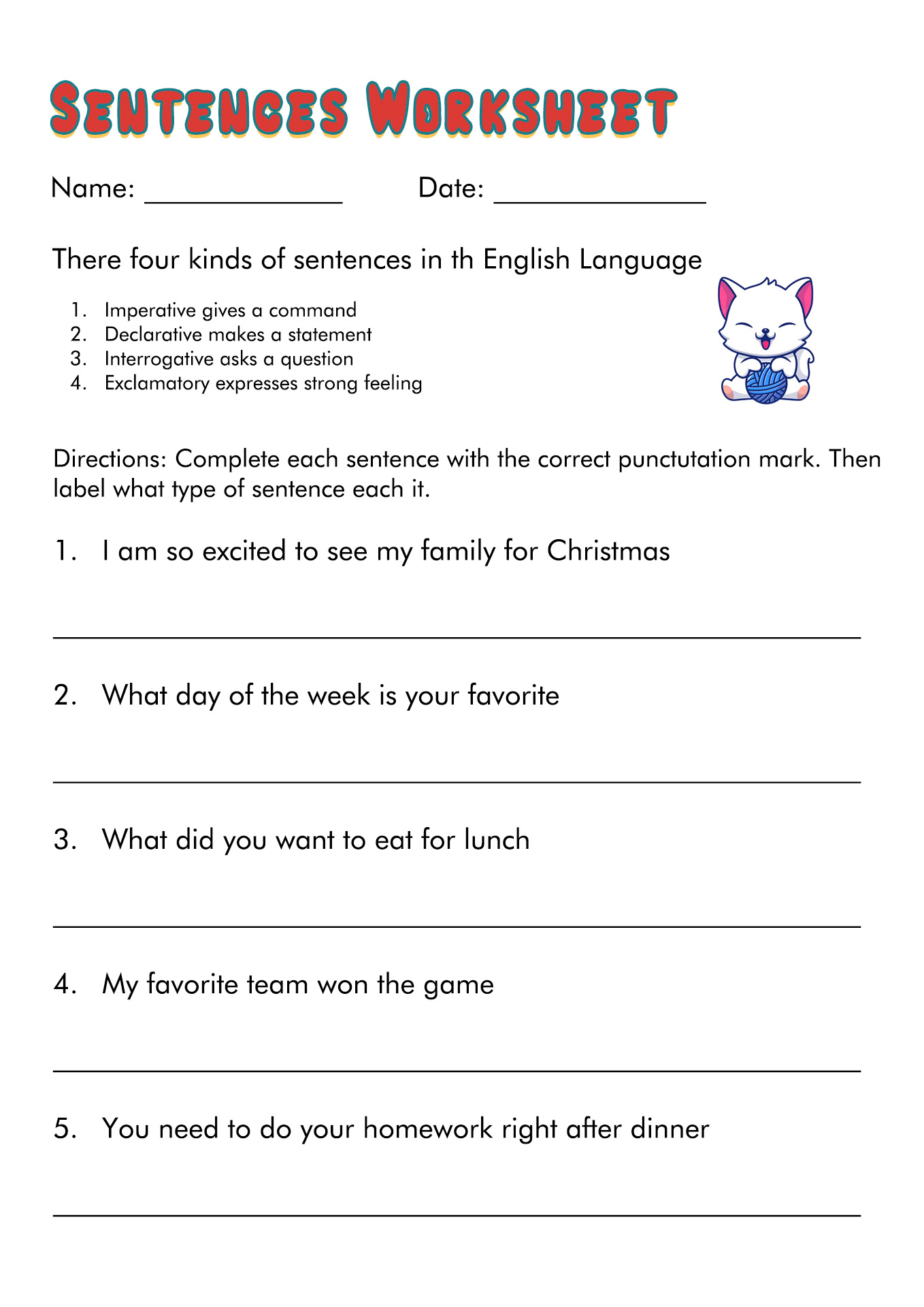 Four Types Of Sentences Worksheet