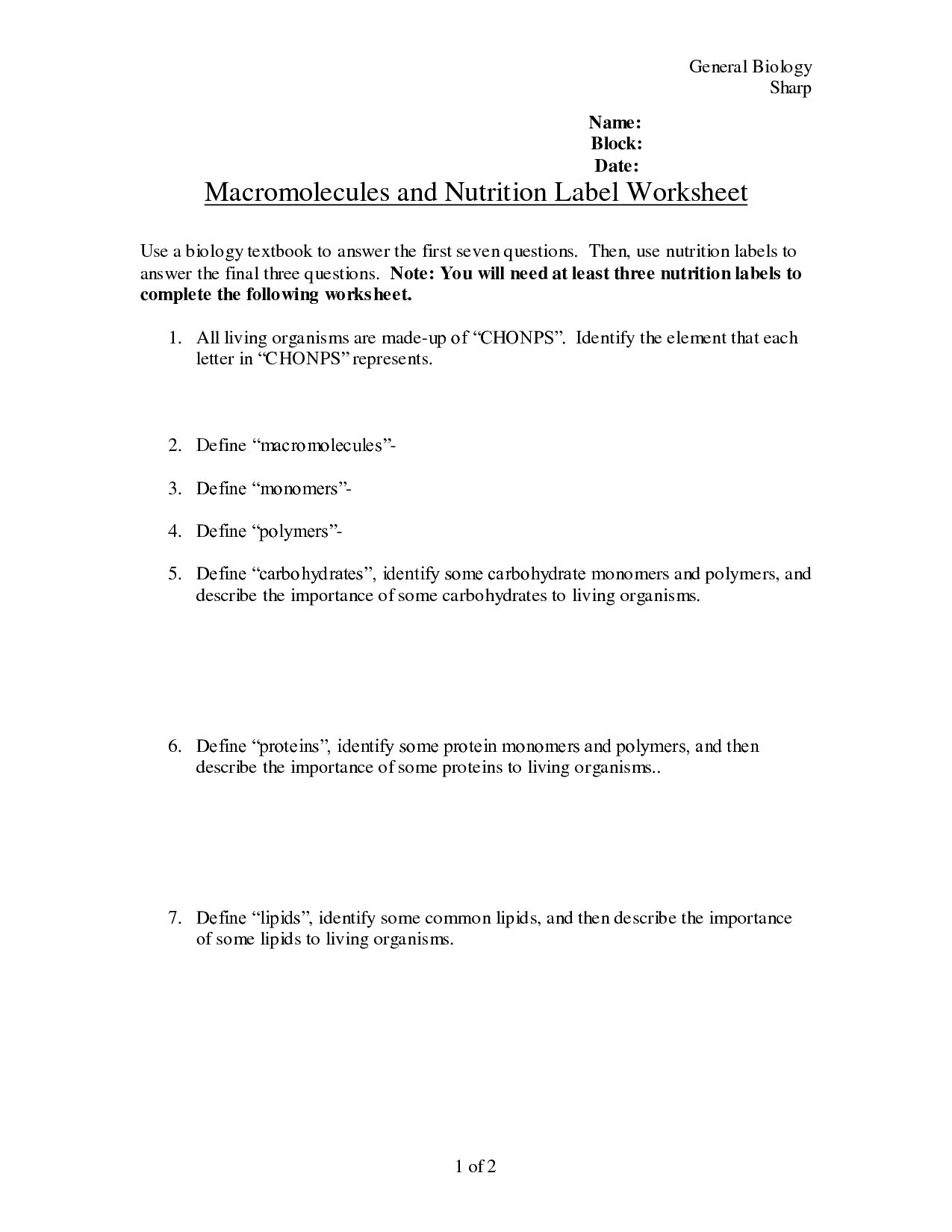 Label and Nutrition Worksheet Macromolecules