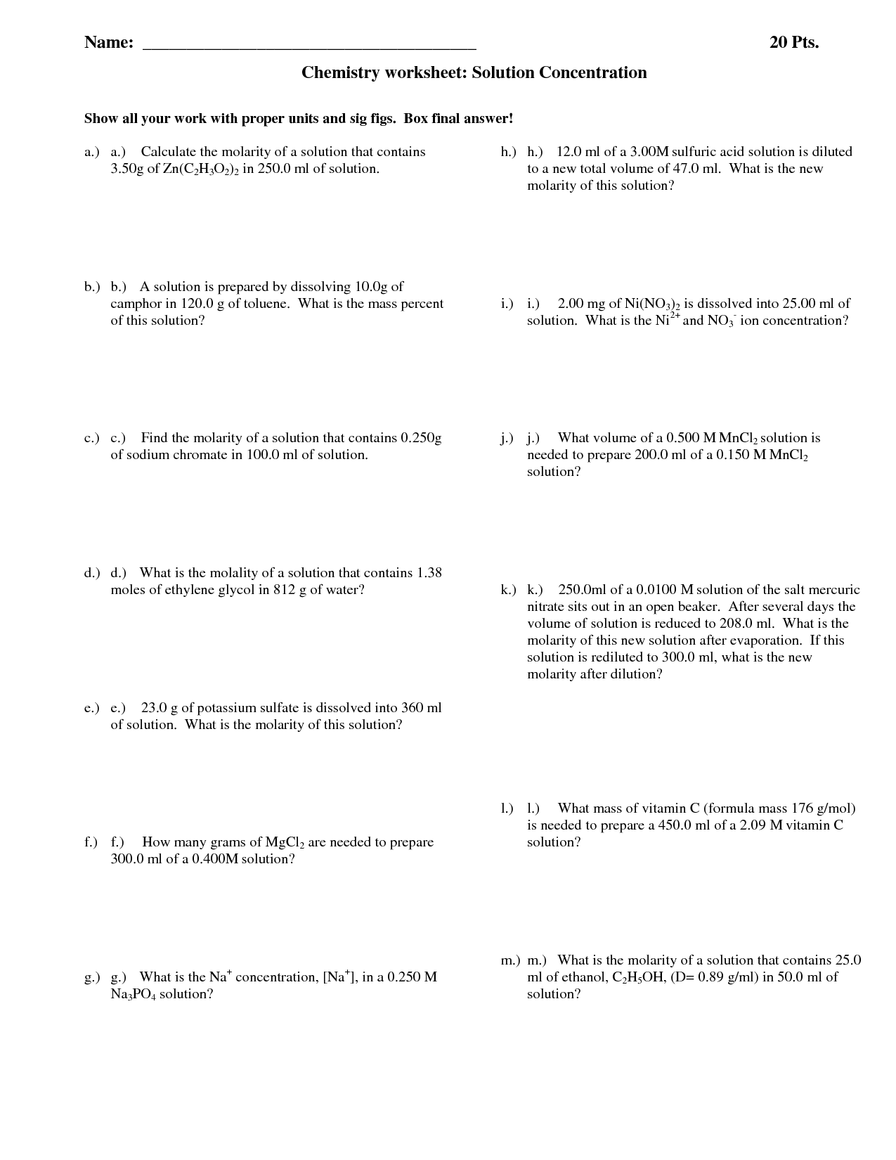 7 Best Images of Molarity Worksheet With Answers - Molality and