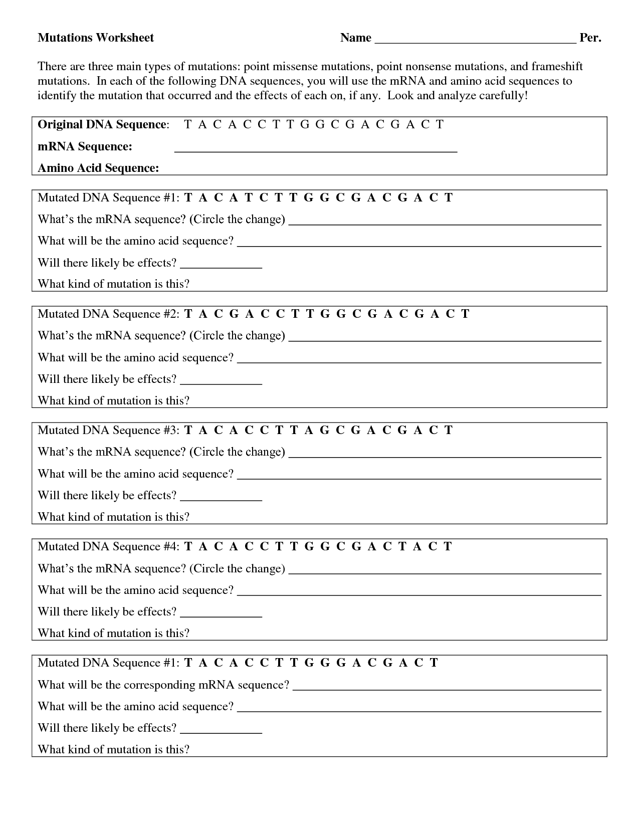 Dna Mutations Practice Worksheet Answers