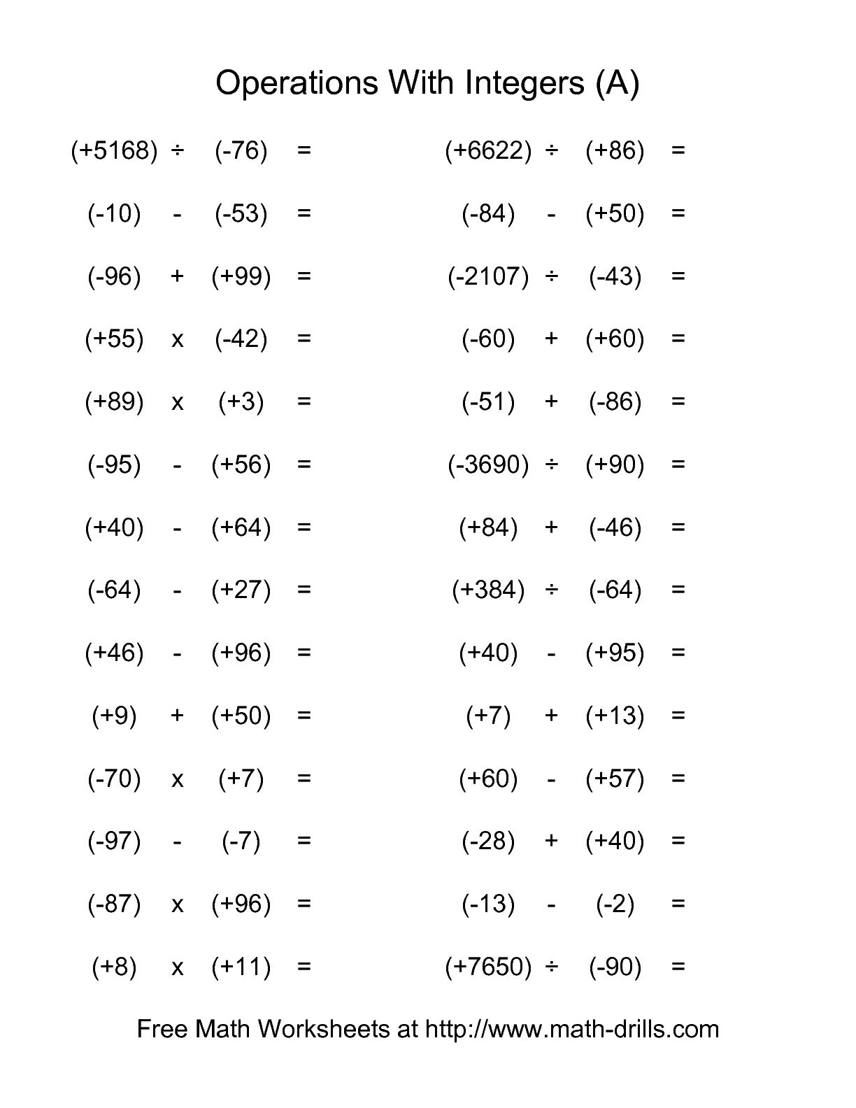 Adding And Subtracting Integers Worksheets With Answers  adding and subtracting integers word 