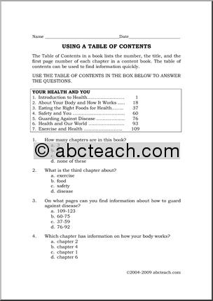 Reading Table of Contents Worksheets