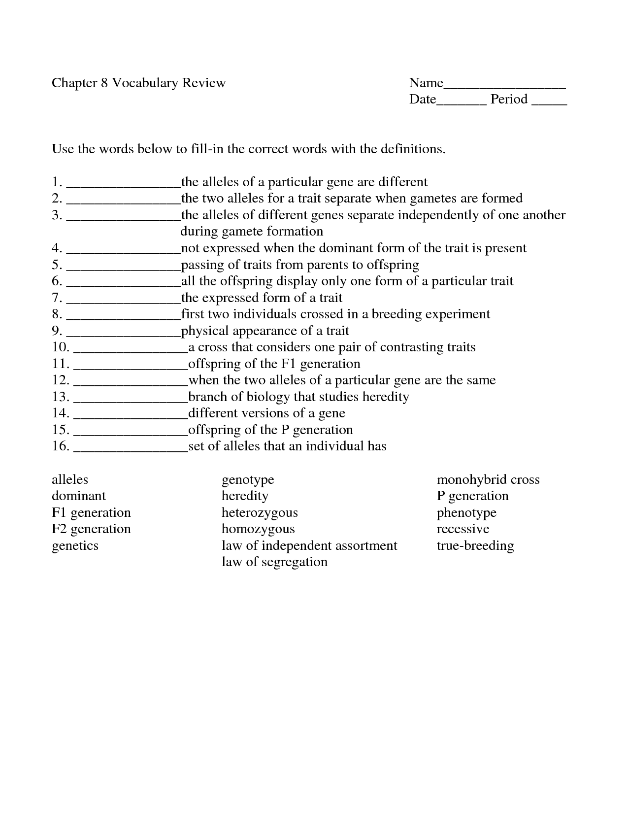 Genetics Worksheet Middle School