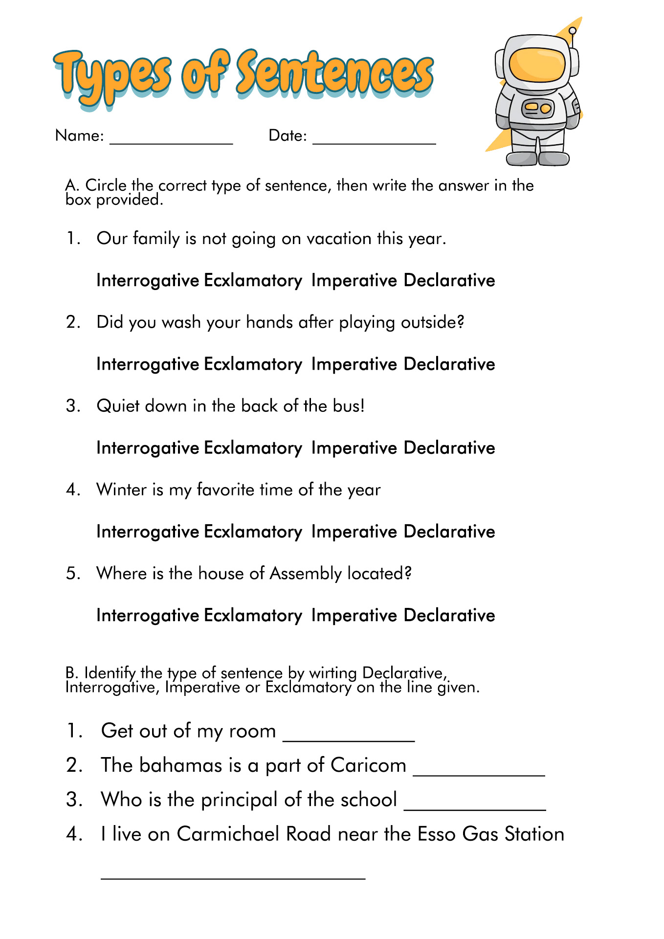 Four Types Of Sentences Worksheet