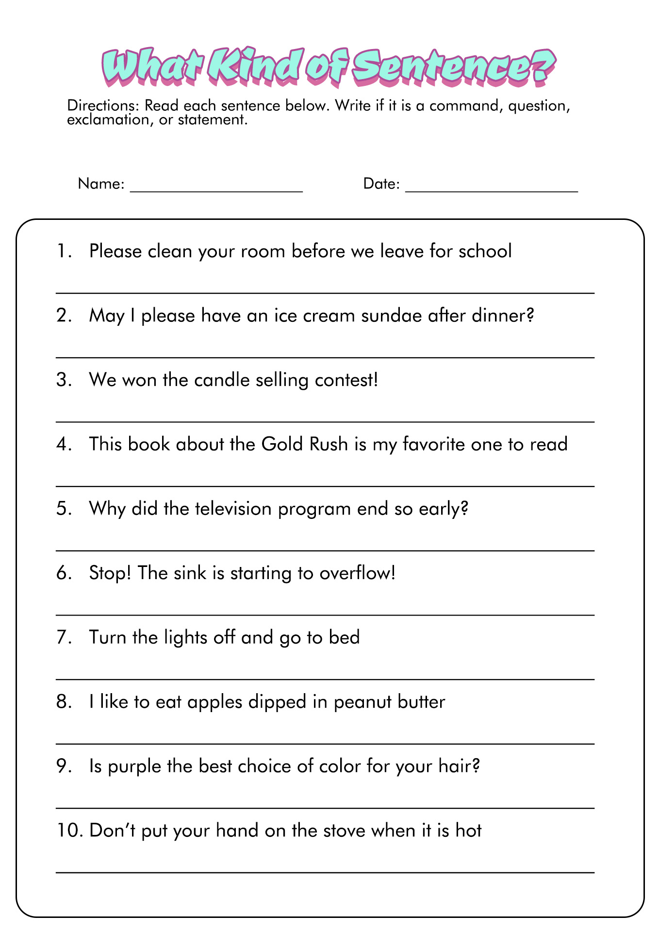 Free Printable Worksheet On Types Of Sentences