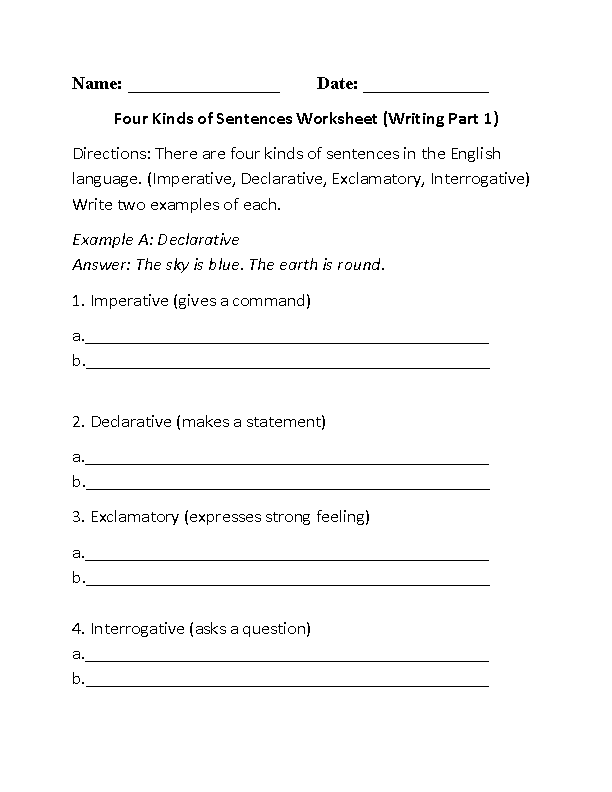 Kinds Of Sentences Worksheet Grade 4
