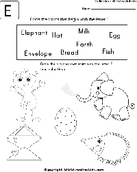 Worksheet for Letter Words That Start with E