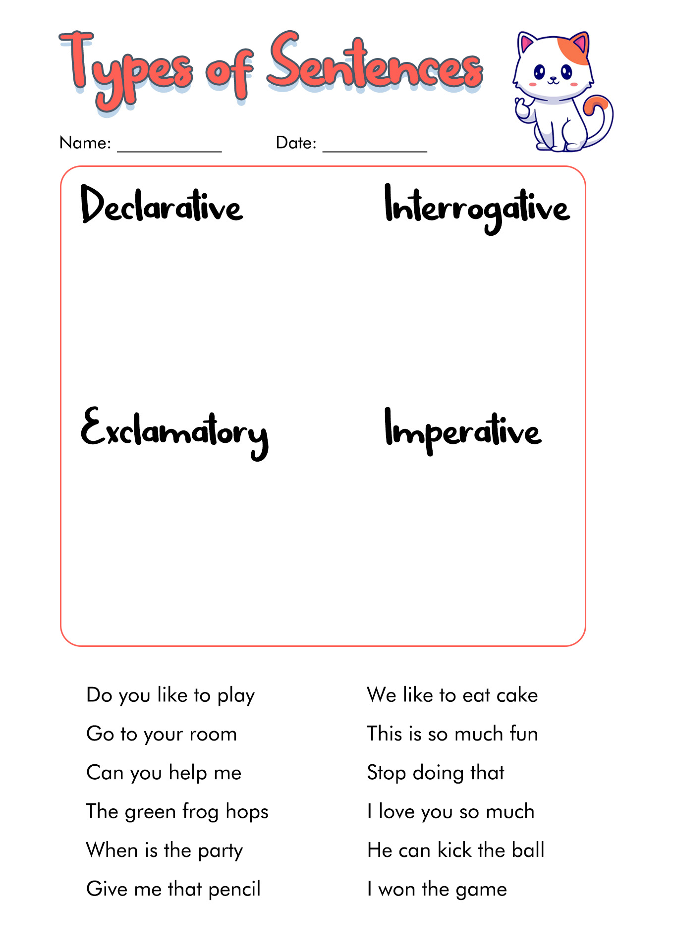 Worksheet For Different Types Of Sentences