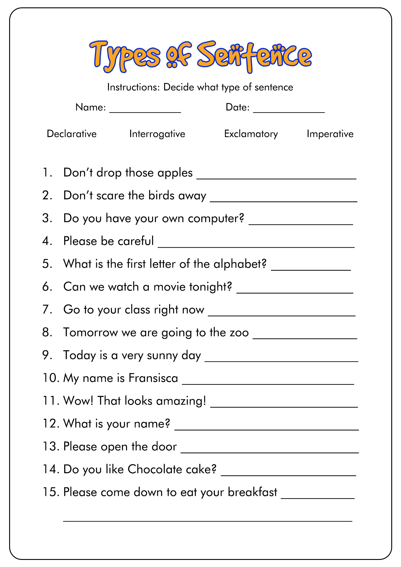 Kinds Of Sentences Worksheet