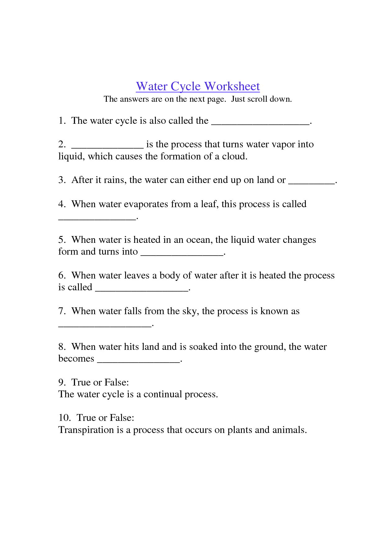 Water Cycle Worksheet Answers