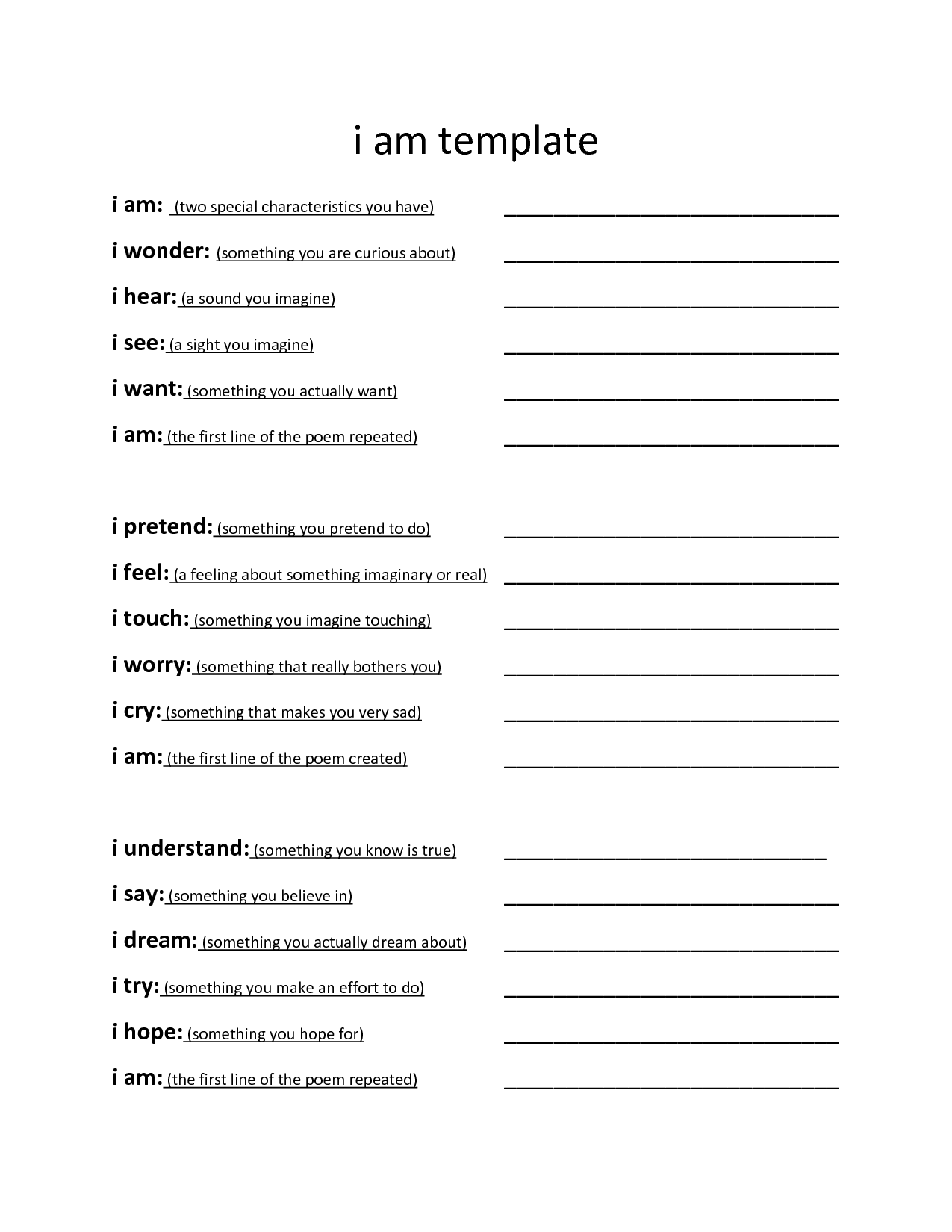 I Am Poem Worksheet