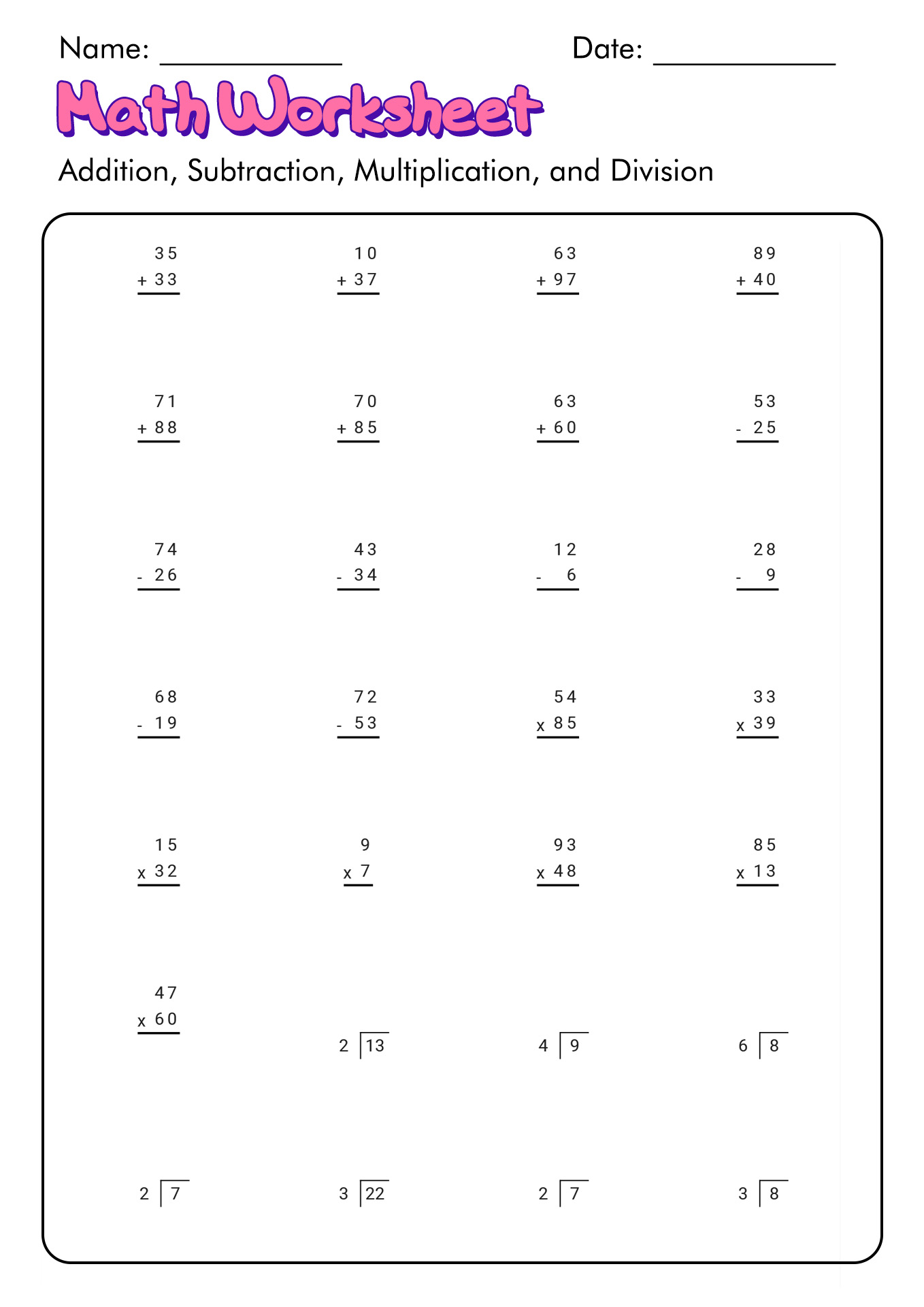 Free Printable Worksheets On Addition Subtraction Multiplication And Division