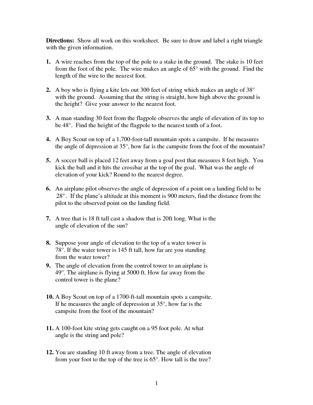 14 Best Images of Life Depression Worksheet  Angle of Elevation and Depression Worksheet, Great 