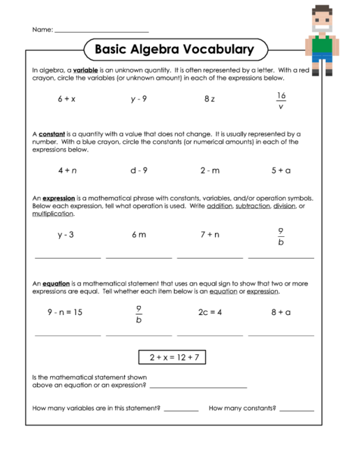Basic Algebra Expression Worksheets
