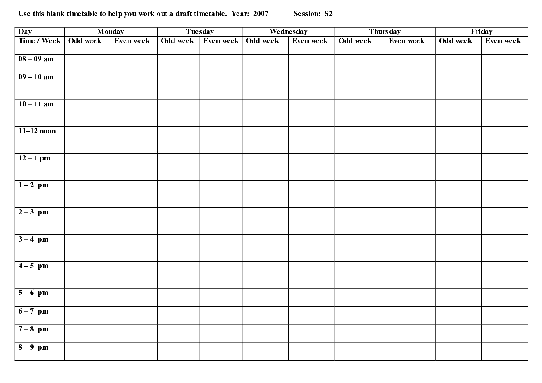 Blank Weekly Workout Schedule Template