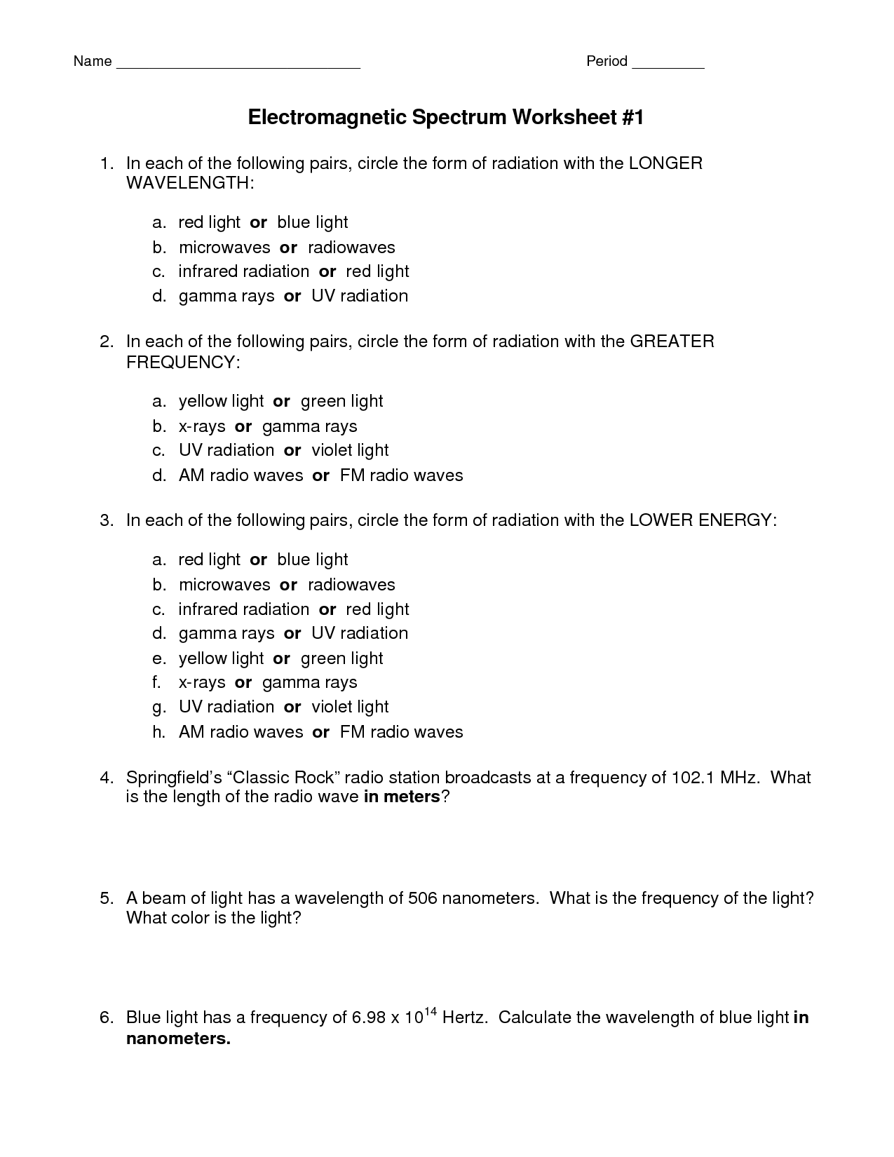 The Electromagnetic Spectrum Worksheet Answers