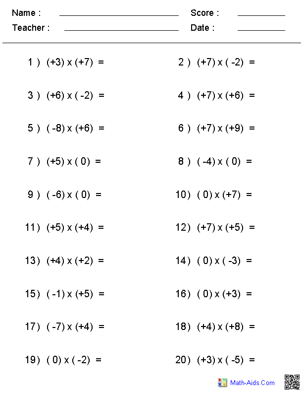 Multiplying By Negative Numbers Worksheet