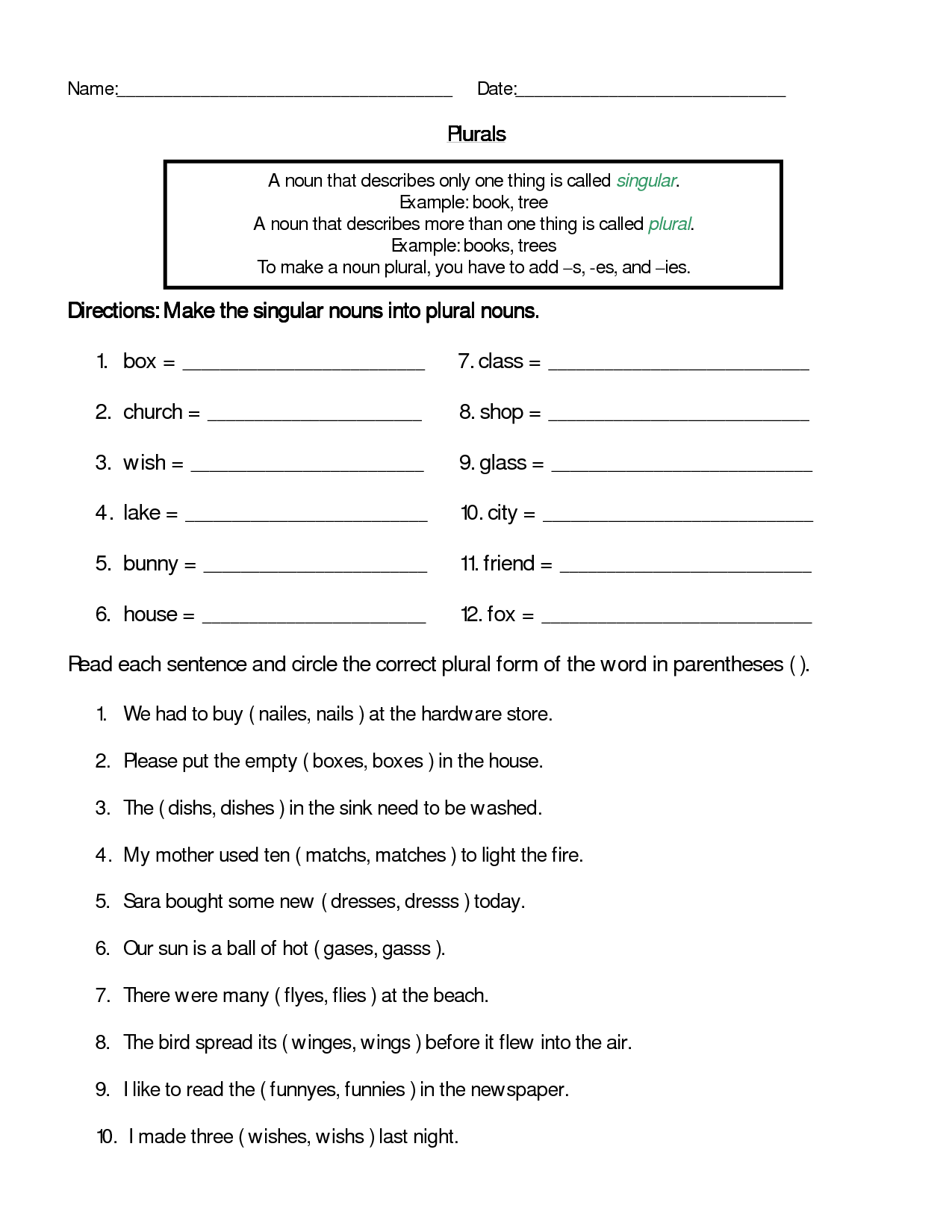 Singular And Plural Nouns Worksheet