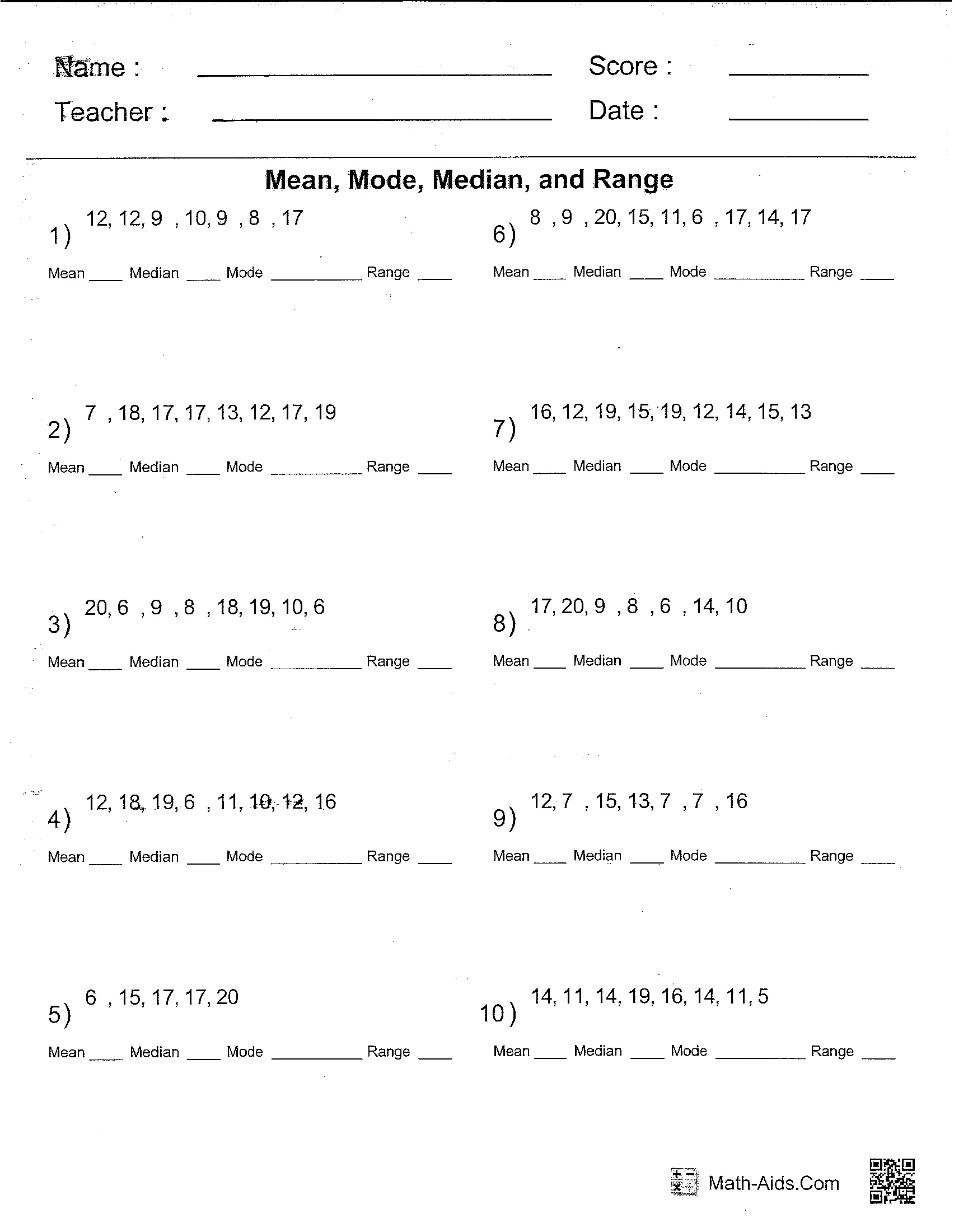 Free Printable Worksheets On Mean Median Mode And Range