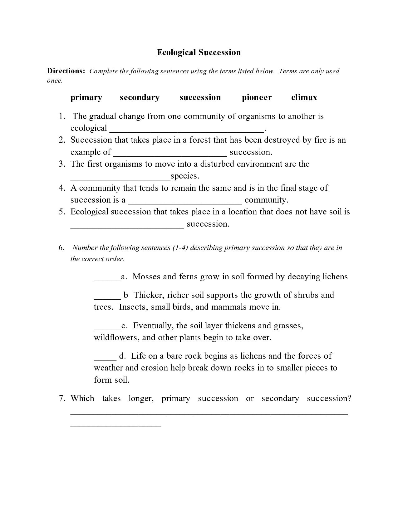 Ecological Succession Worksheet Answer Key