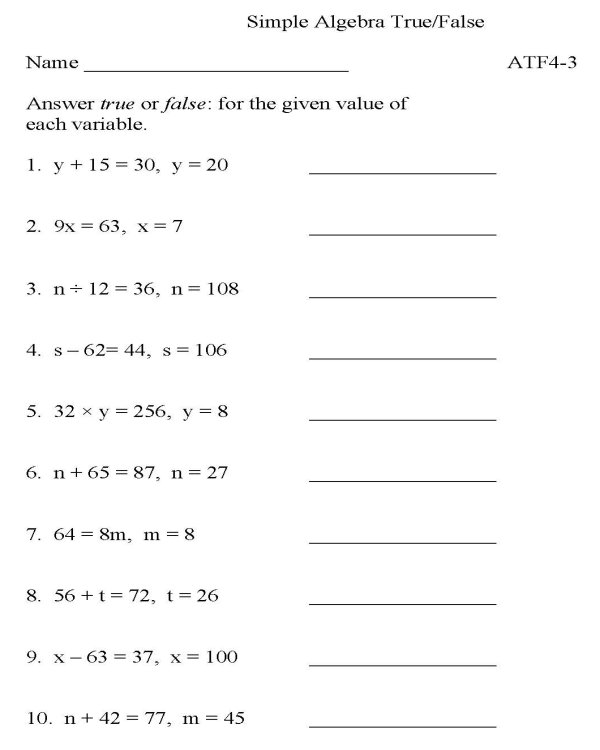 Free Printable 10th Grade Algebra Worksheets