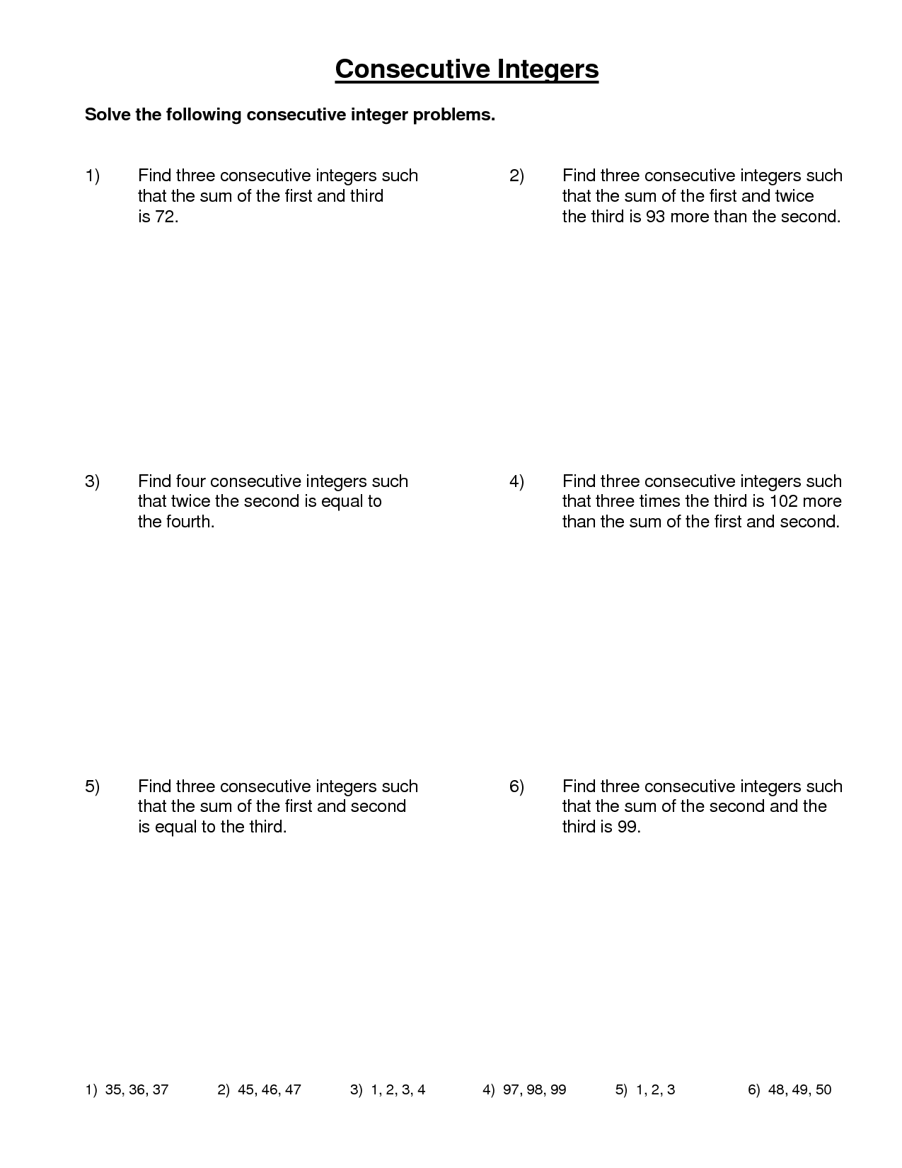 Sum Of Conssecutive Numbers Problems Worksheet