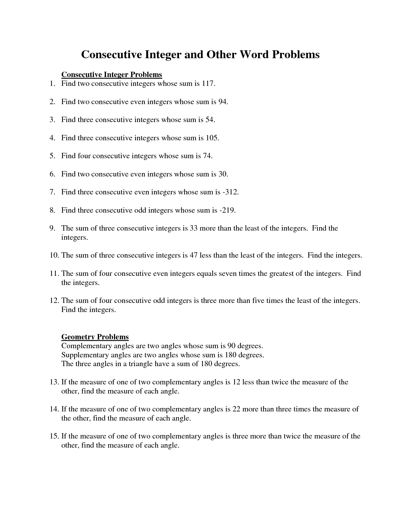 Consecutive Integer Word Problems Worksheets With Answers Pdf