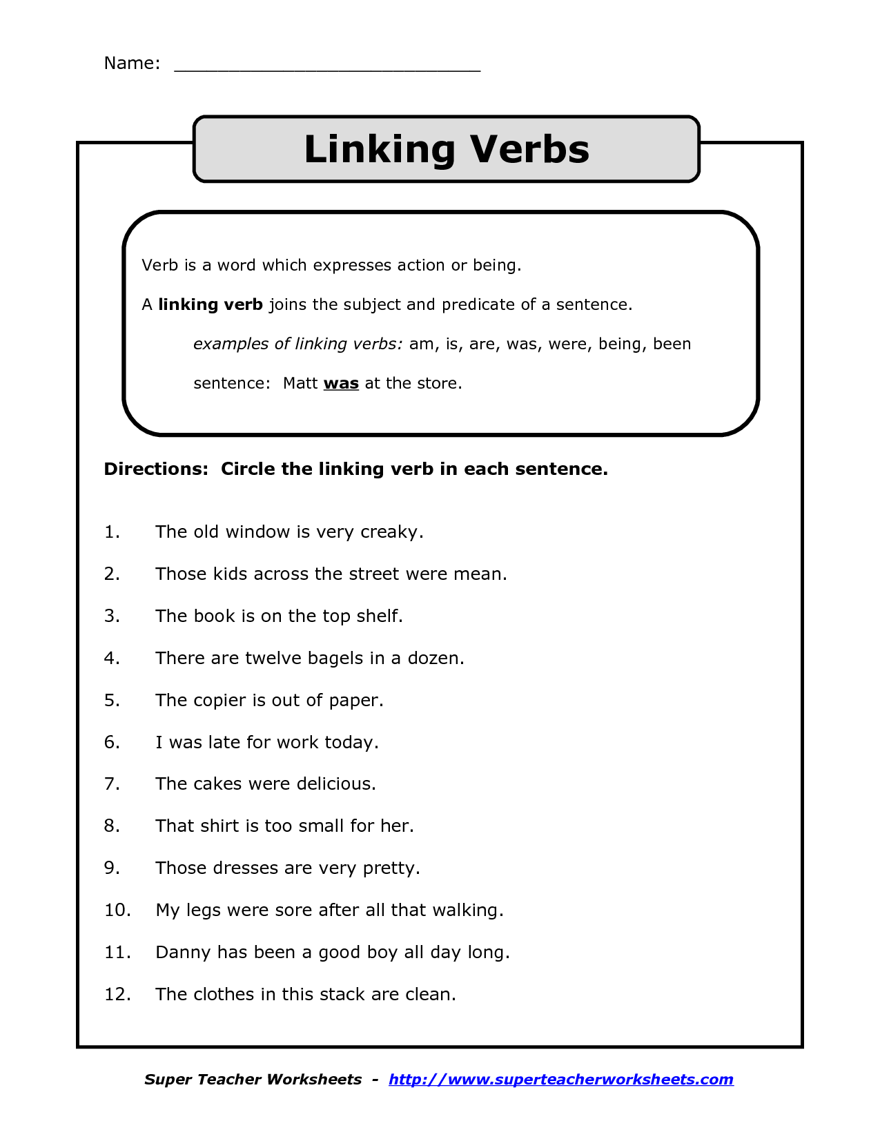 Linking Verbs Worksheet First Grade