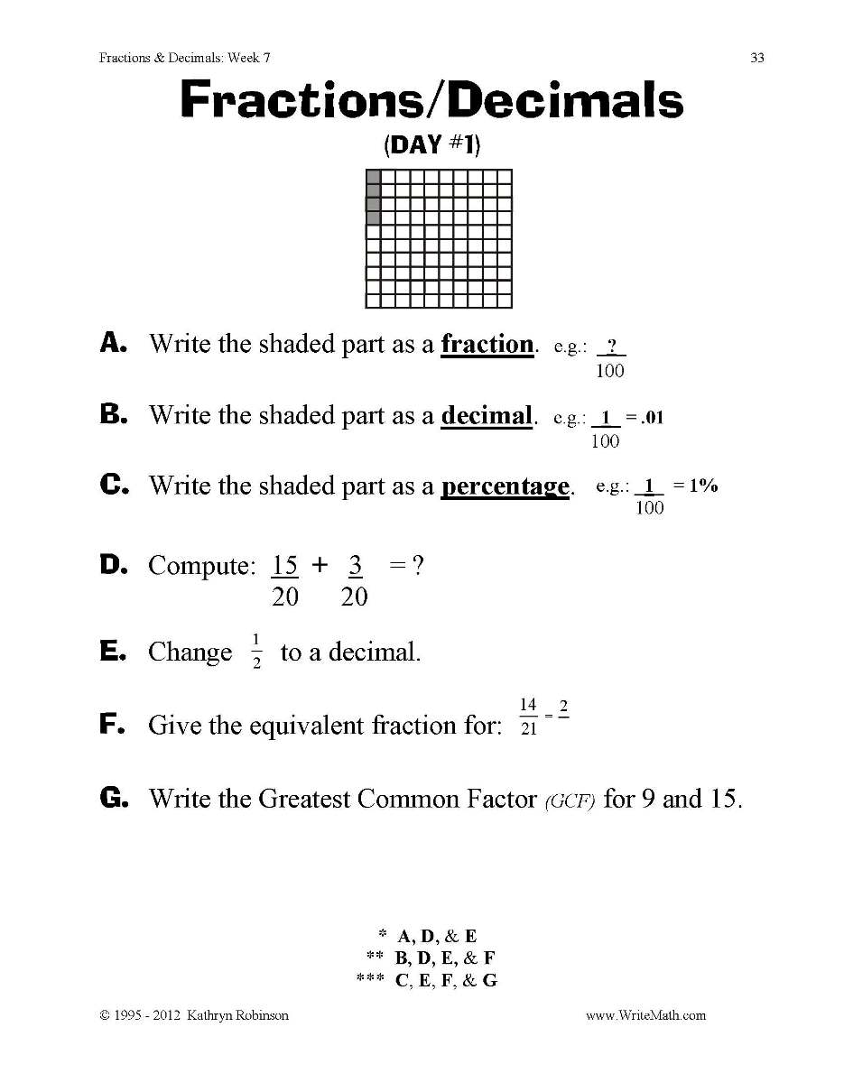 4th Grade Math Worksheets Fractions Decimals