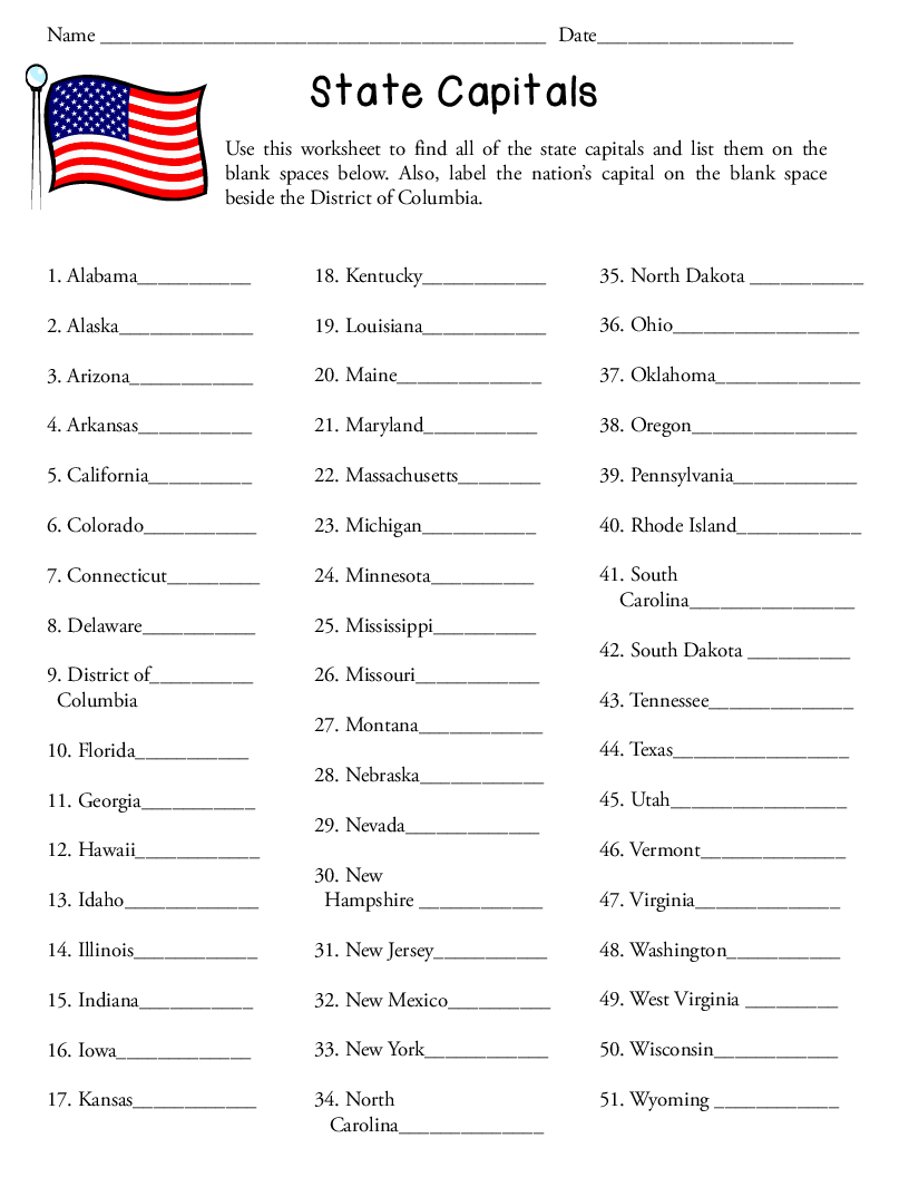 Free Printable 50 States Worksheets