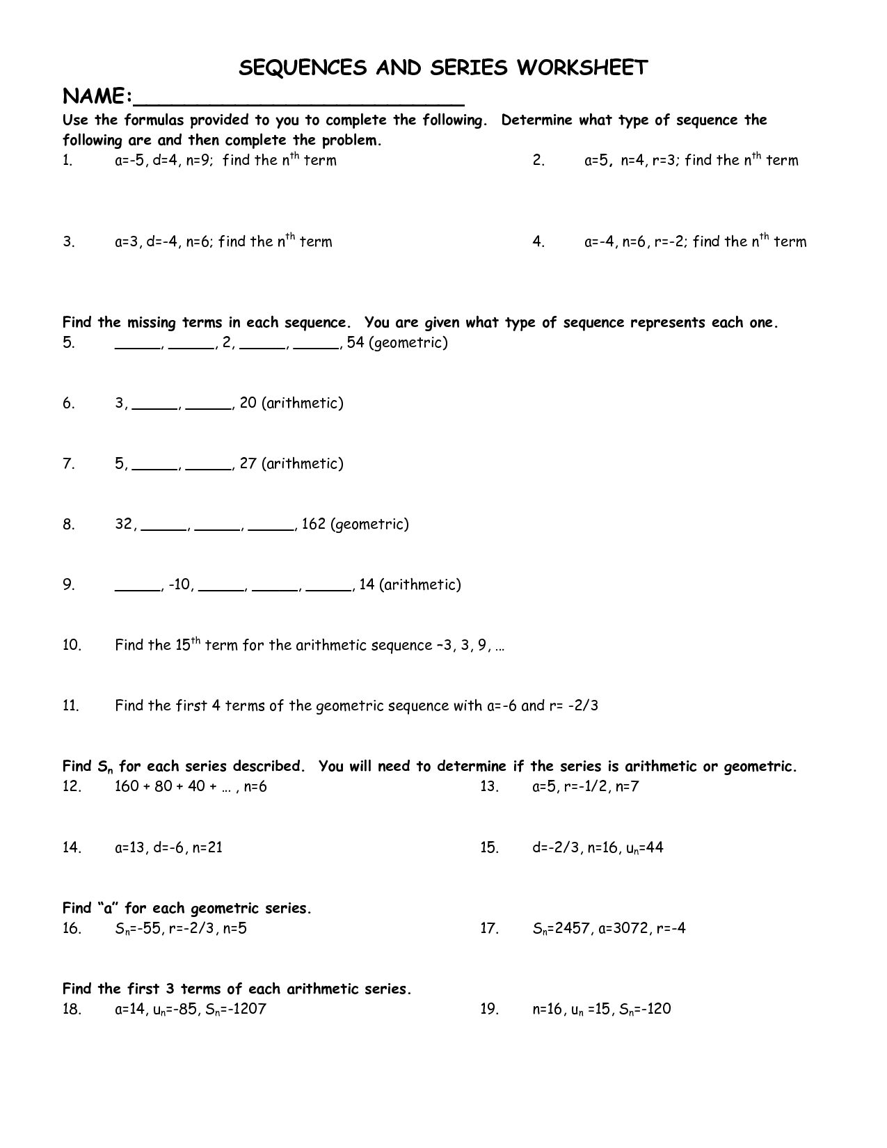 7 Best Images of Algebra Worksheets Sequences And Series  Arithmetic Sequences and Series 