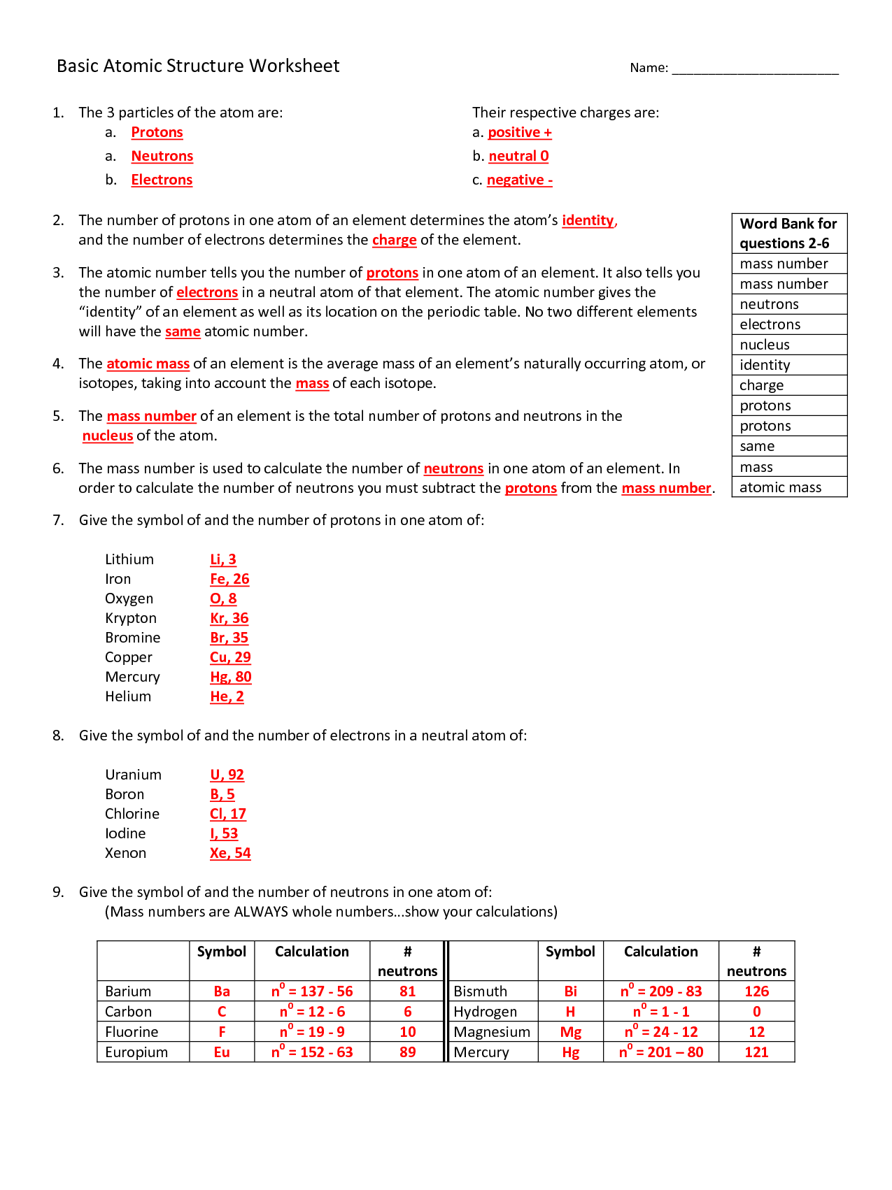 11 Best Images of Atom Worksheets With Answer Keys - Atoms Ions and