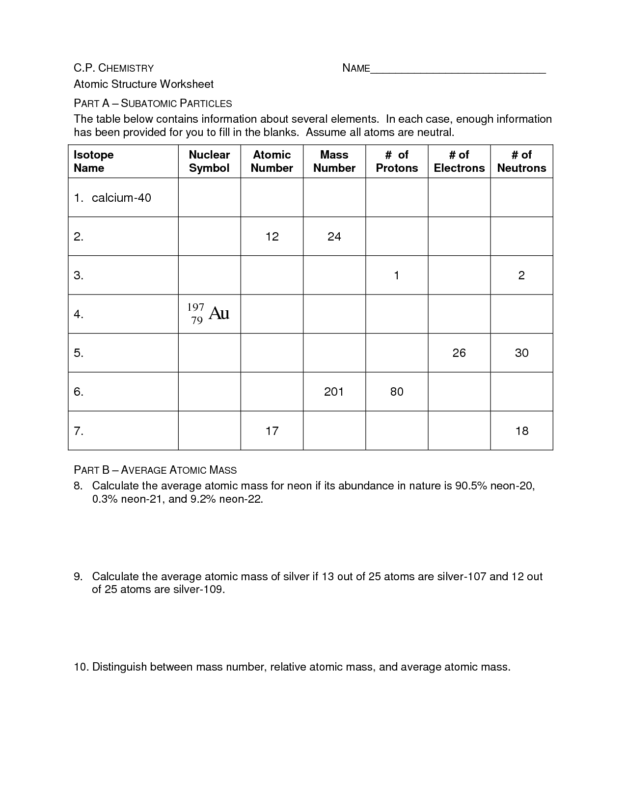 Atomic Structure Worksheet Answer Key