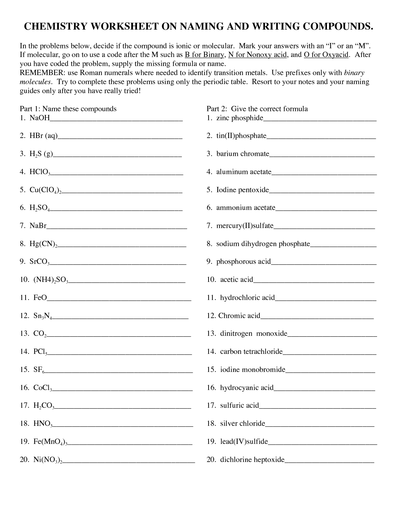 Chemistry Nomenclature Worksheet Answers
