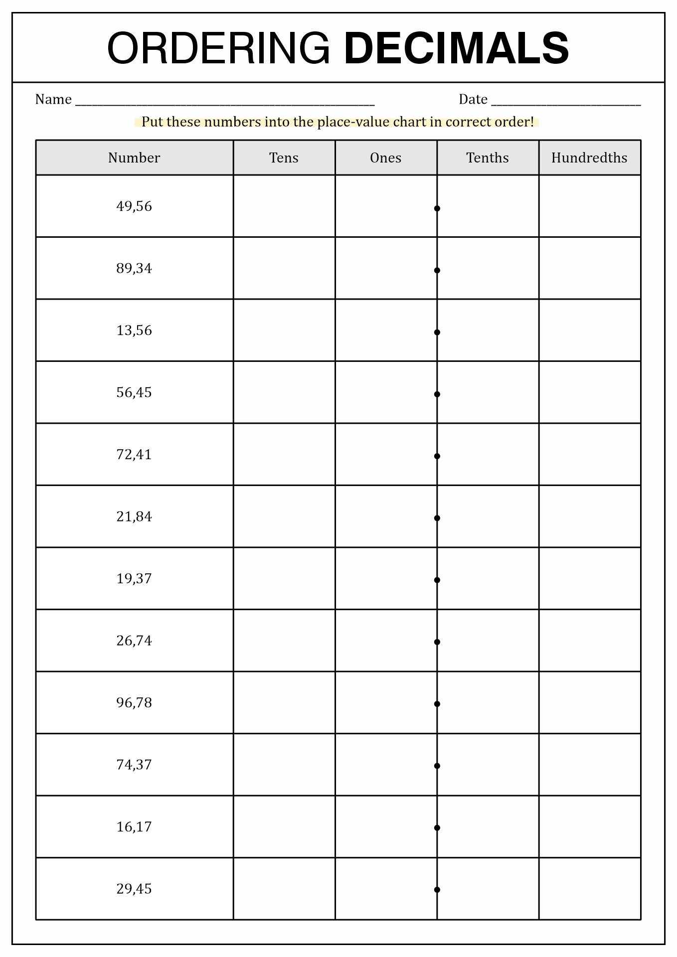 Blank Place Value Chart With Decimals Printable Free Printable Templates