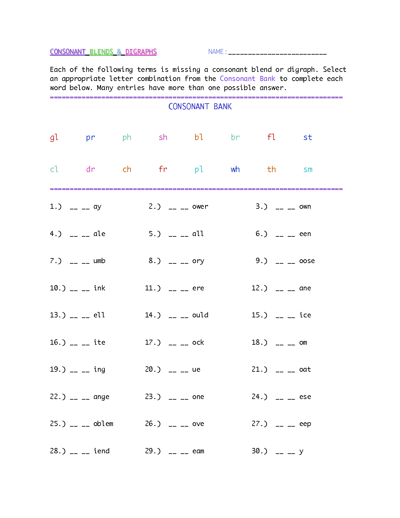 Free Printable Consonant Digraph Worksheets