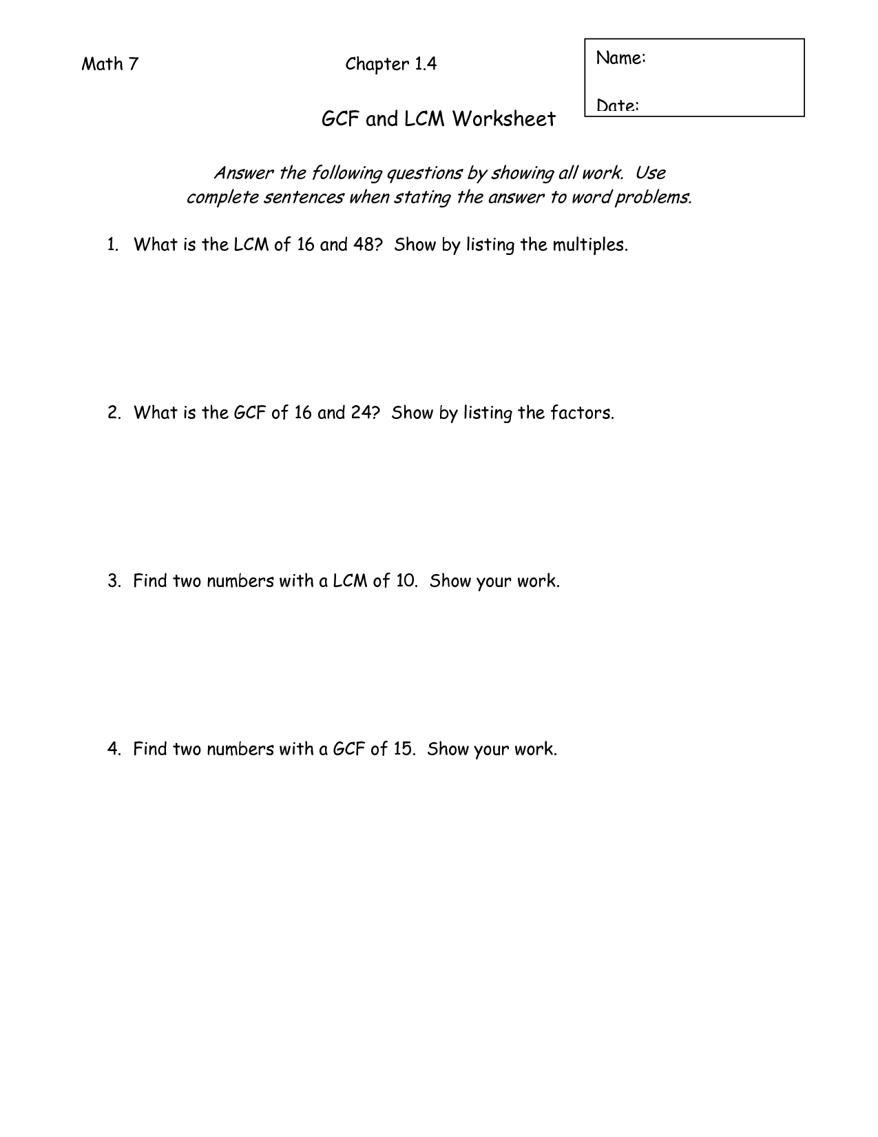 Gcf And Lcm Worksheet