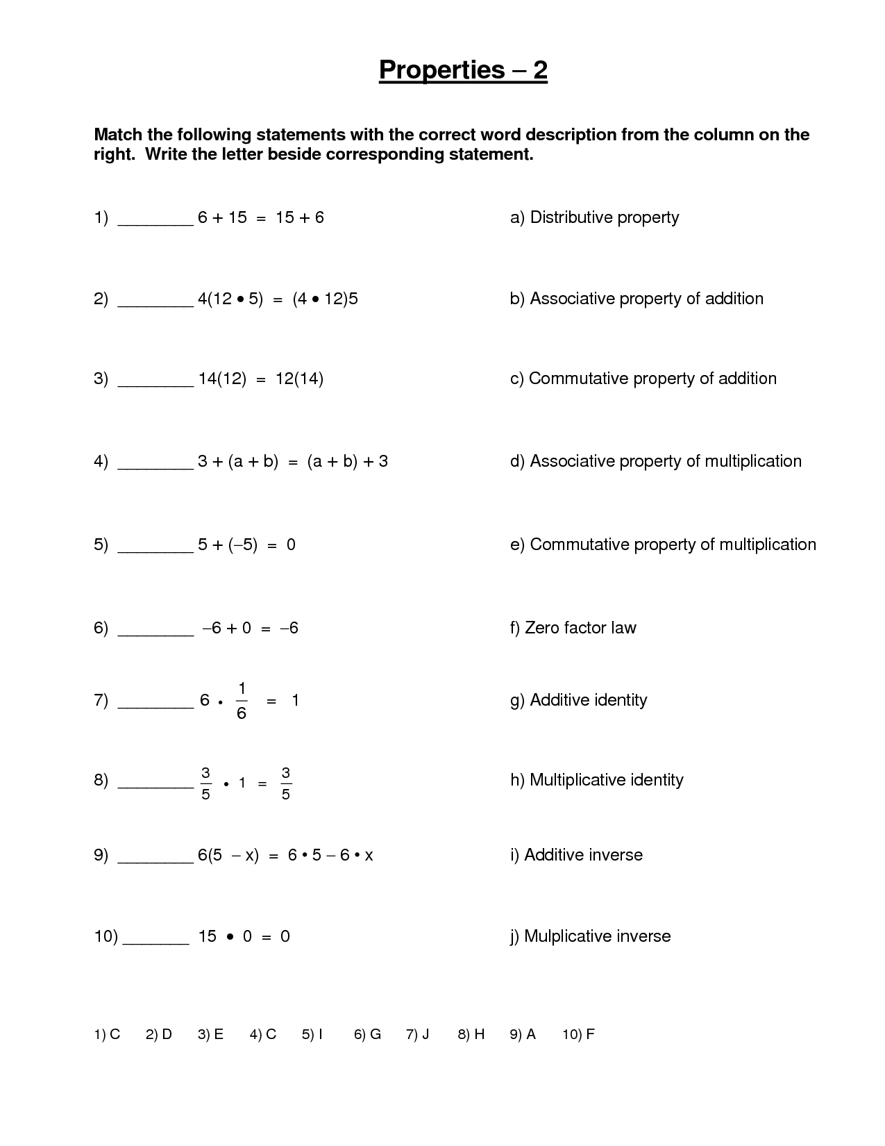 Multiplicative Inverse Property Worksheet