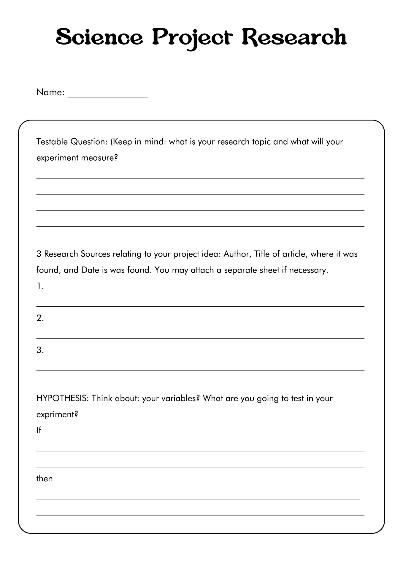 Science Project Research Plan Worksheet