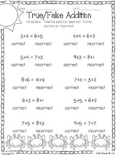 True or False Equations First Grade Math