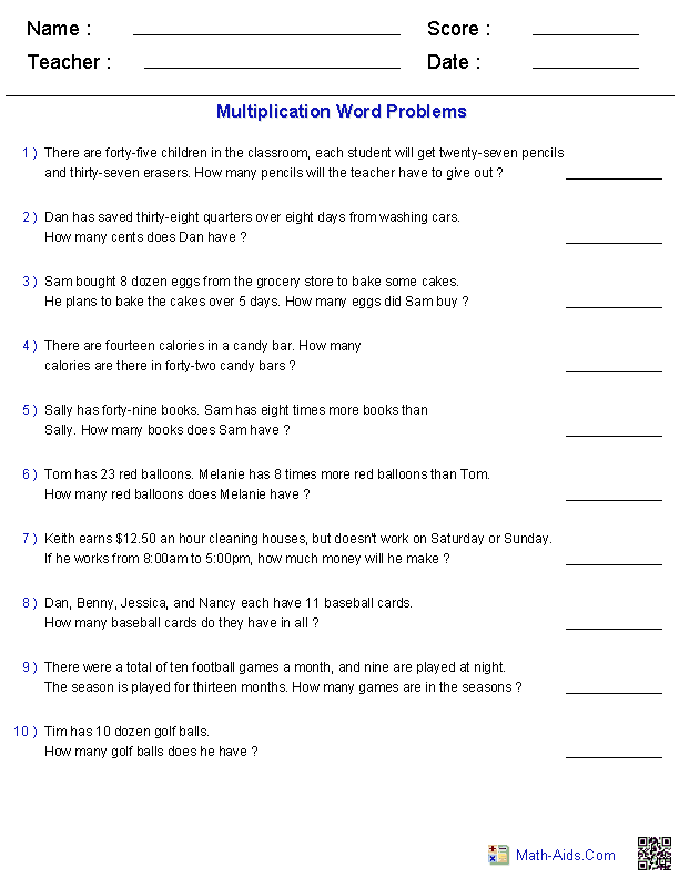 Math Worksheets For Multiplication Word Problems