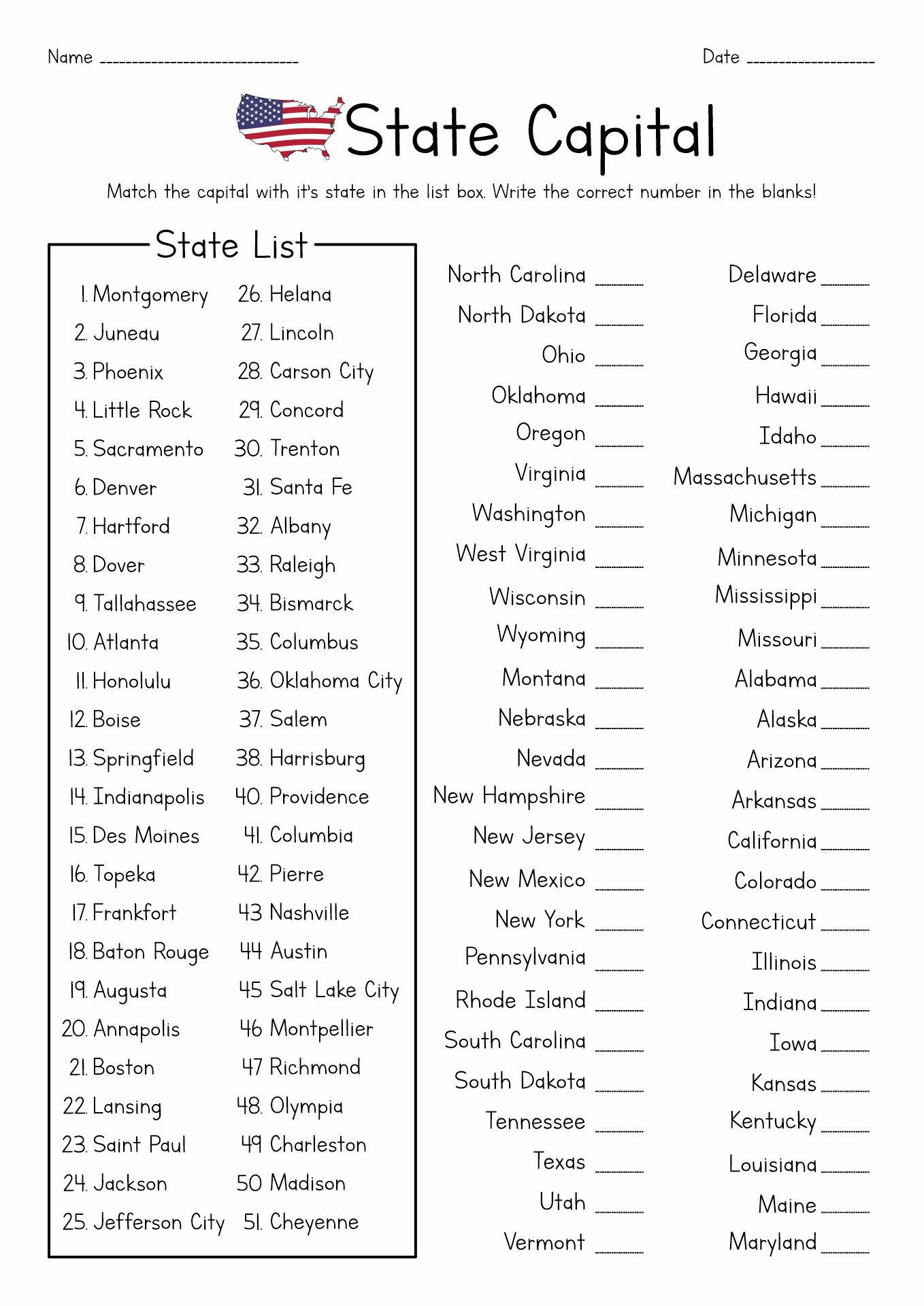 States And Capitals View Free Printable Geography Worksheet For Rd