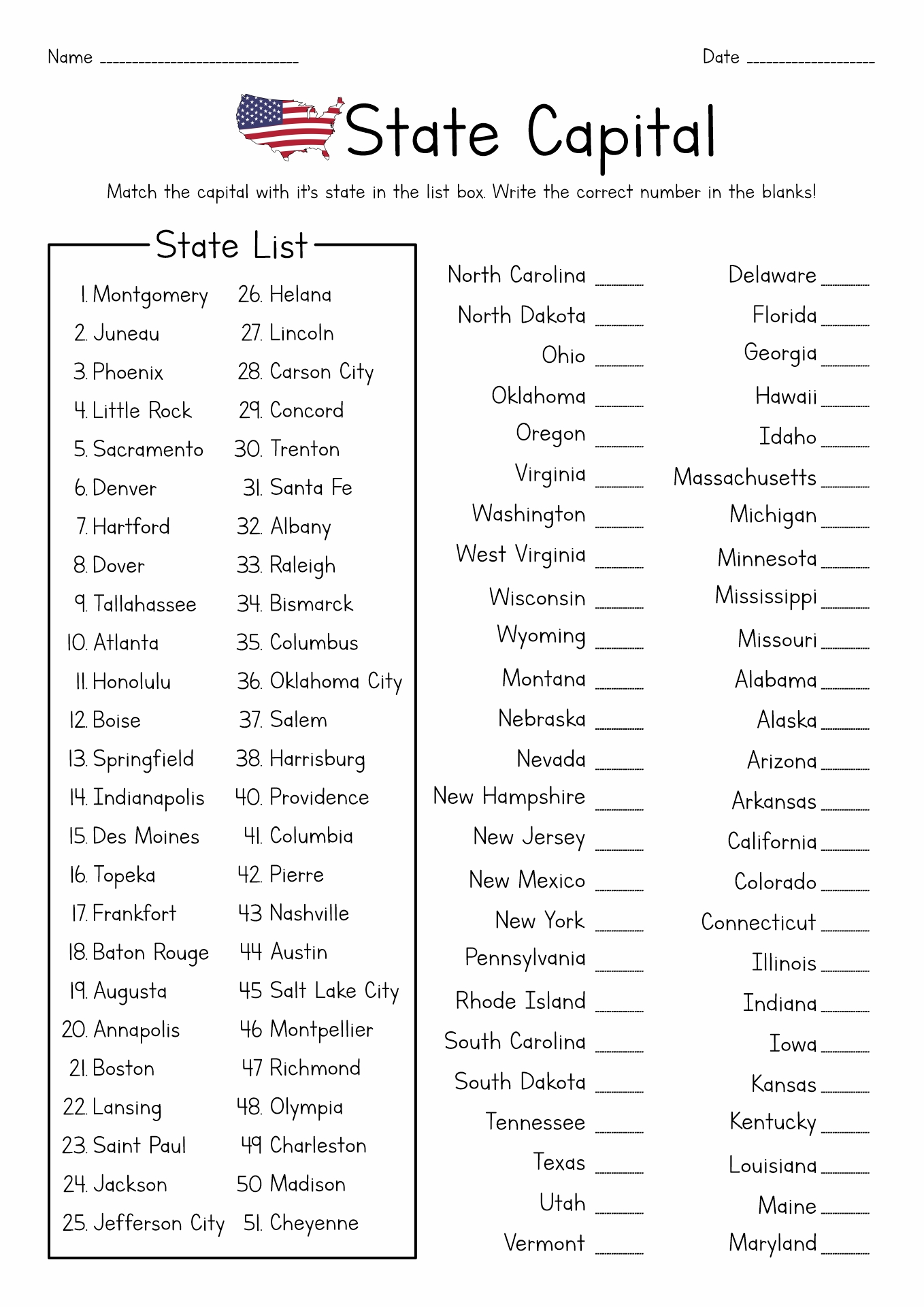 States And Capitals View Free Printable Geography Worksheet For Rd 