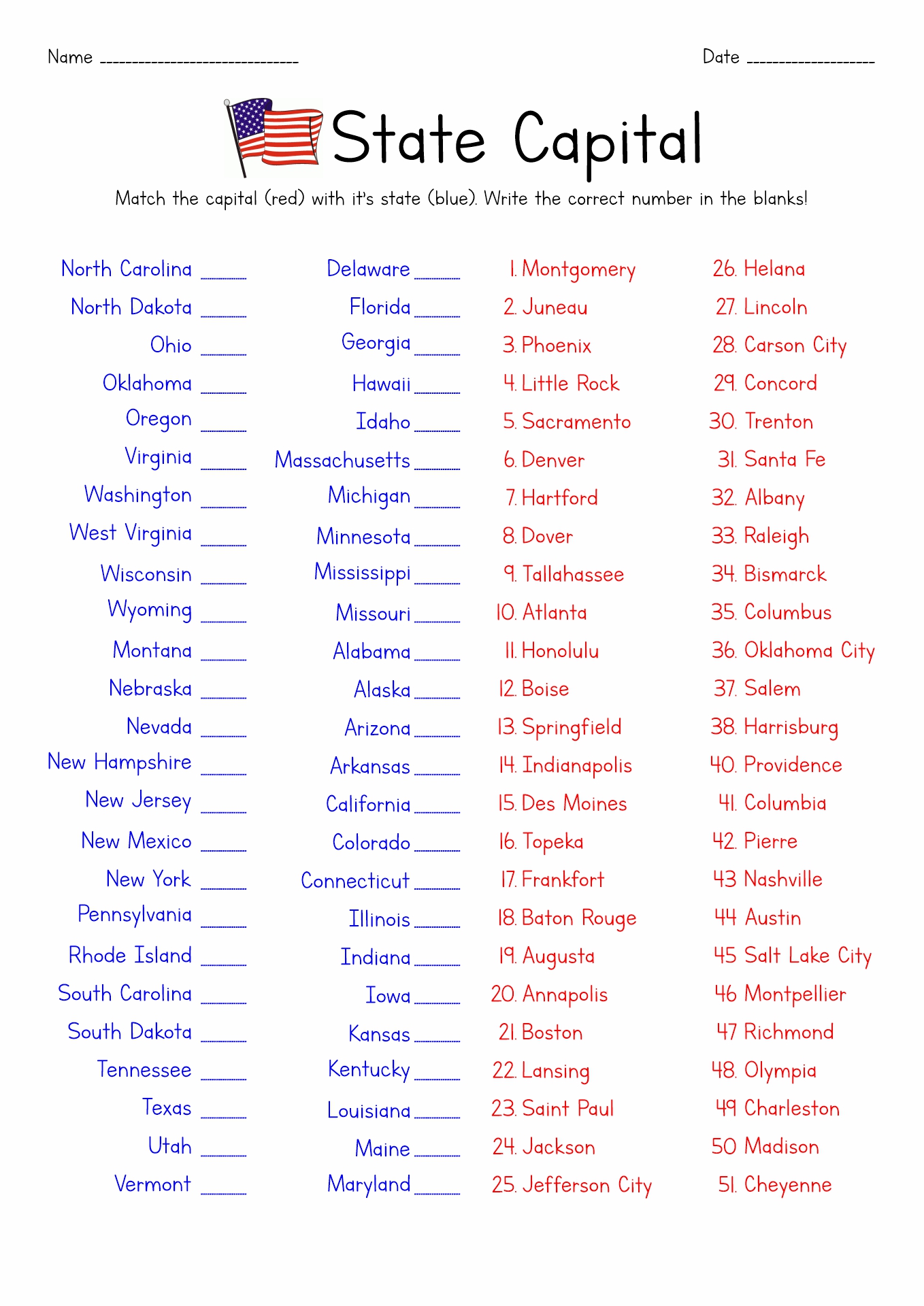 50 States Printable List