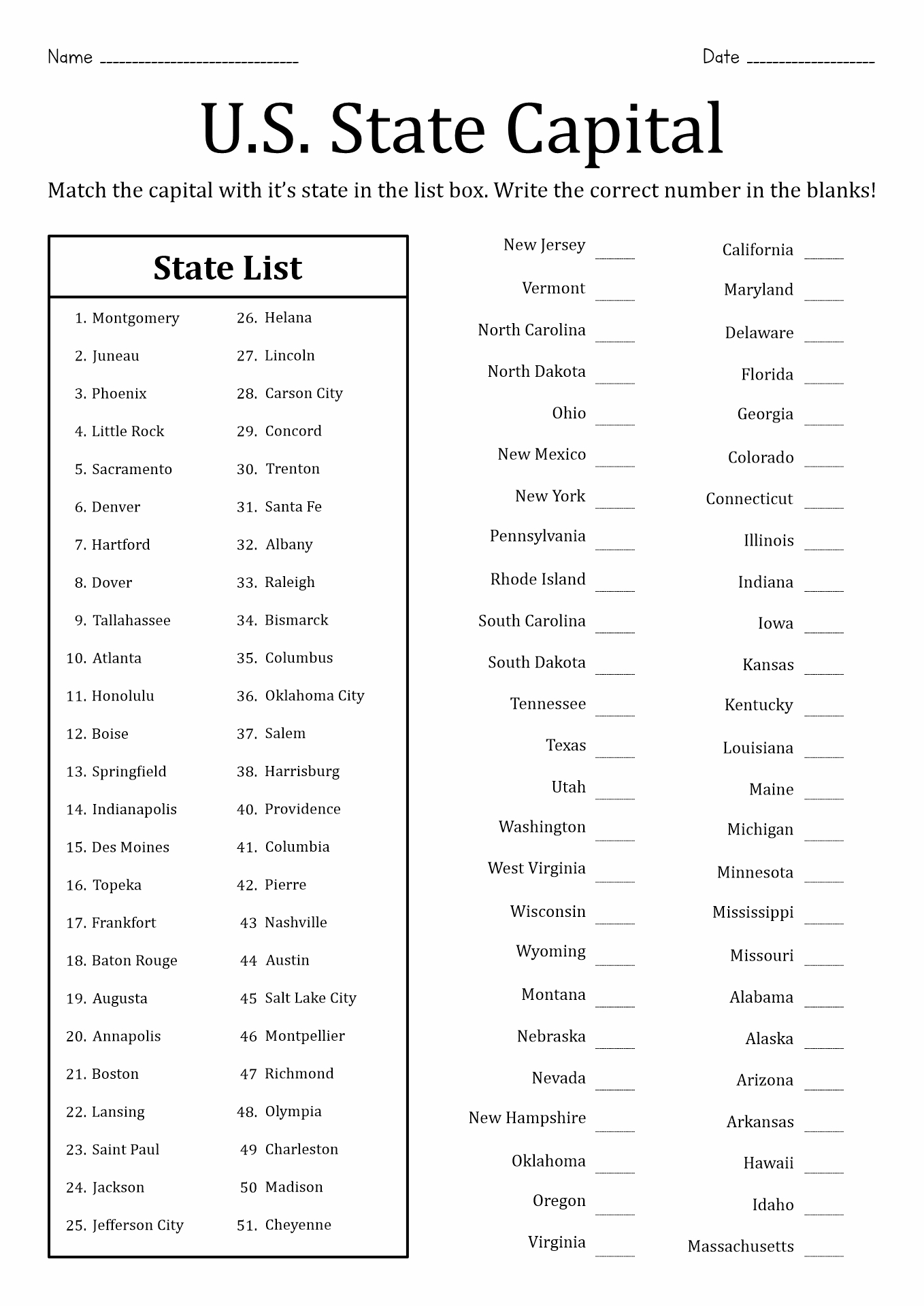 50 States And Capitals Printable Worksheets