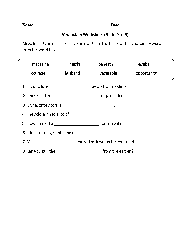 8th Grade Vocabulary Words Worksheet
