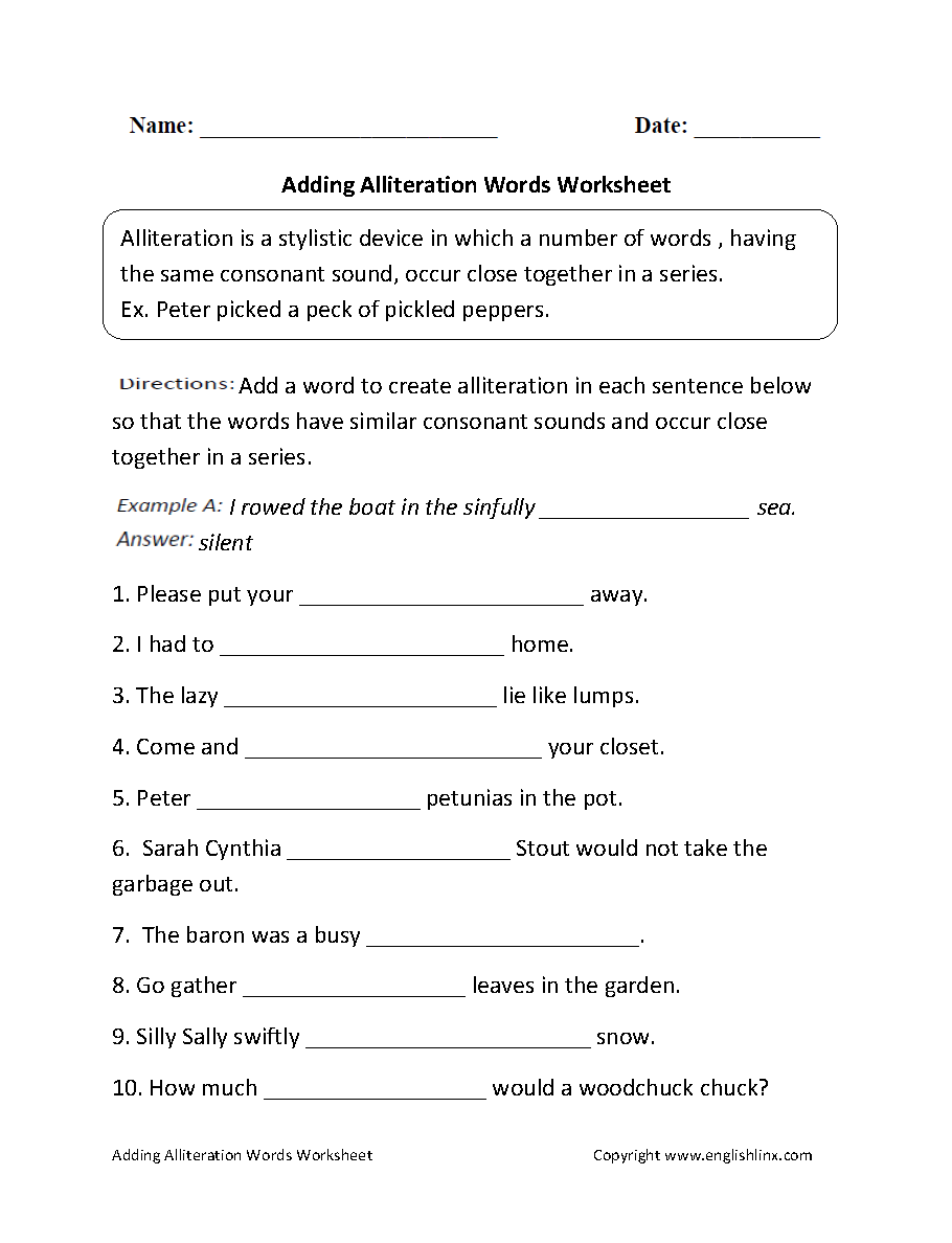 Alliteration Worksheets Grade 6