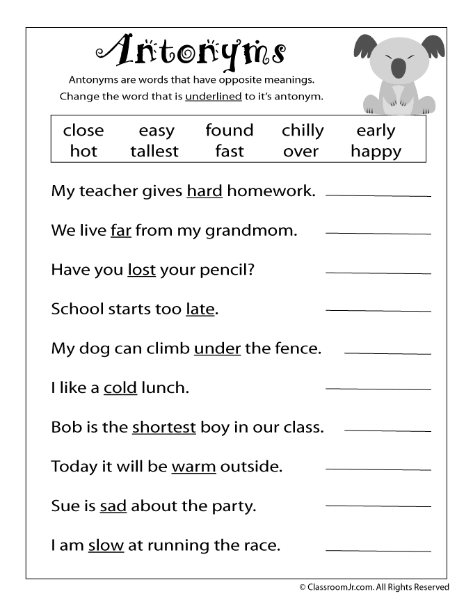 Antonyms 2nd Grade Reading Worksheets